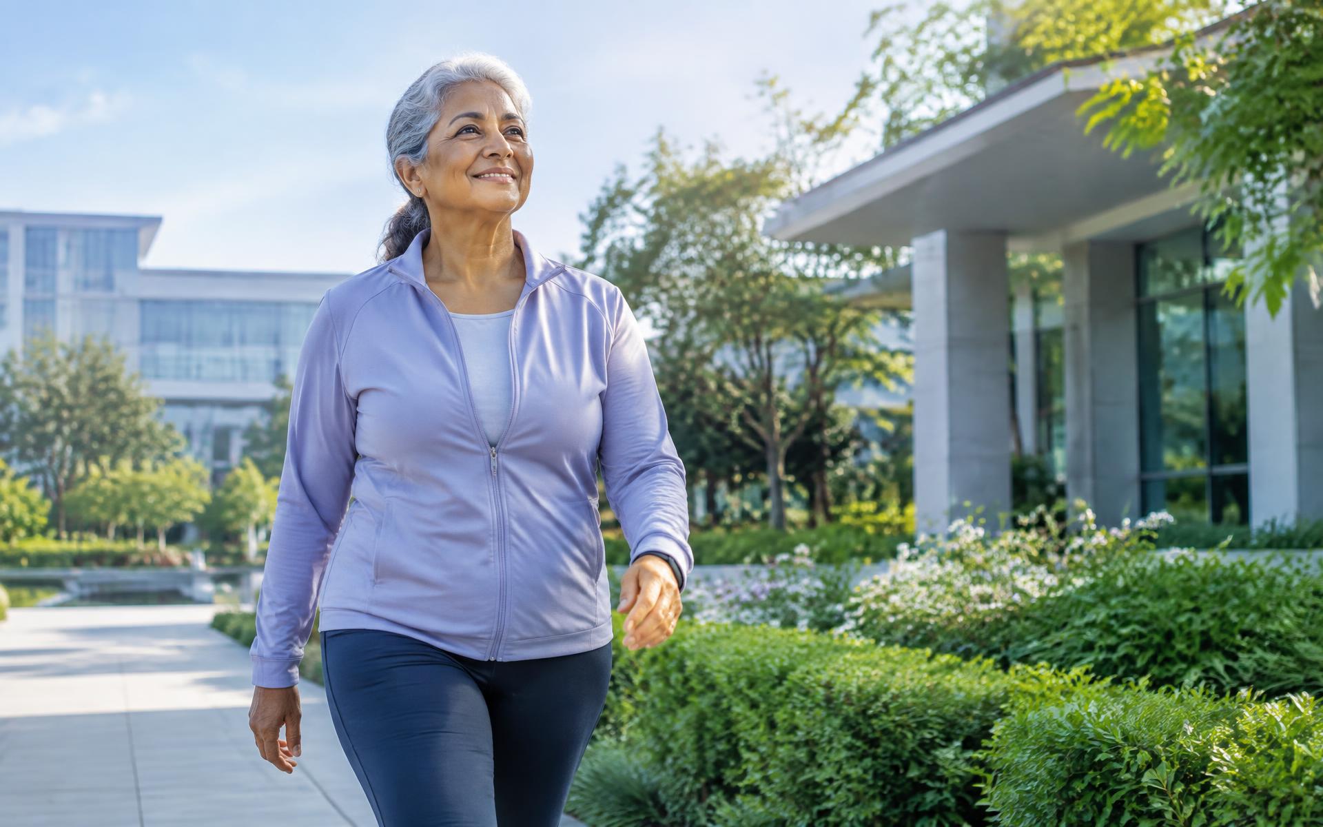Older woman walking confidently outdoors after bone health care