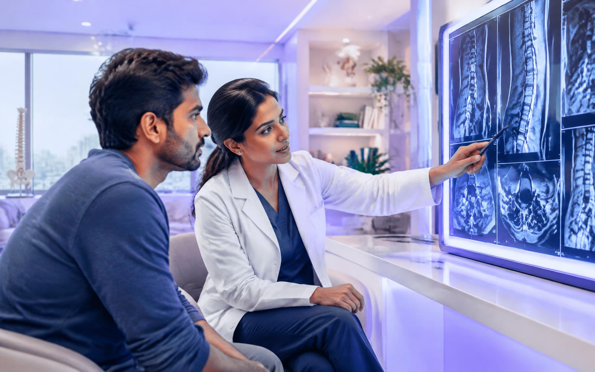 Doctor and patient reviewing spine MRI images together