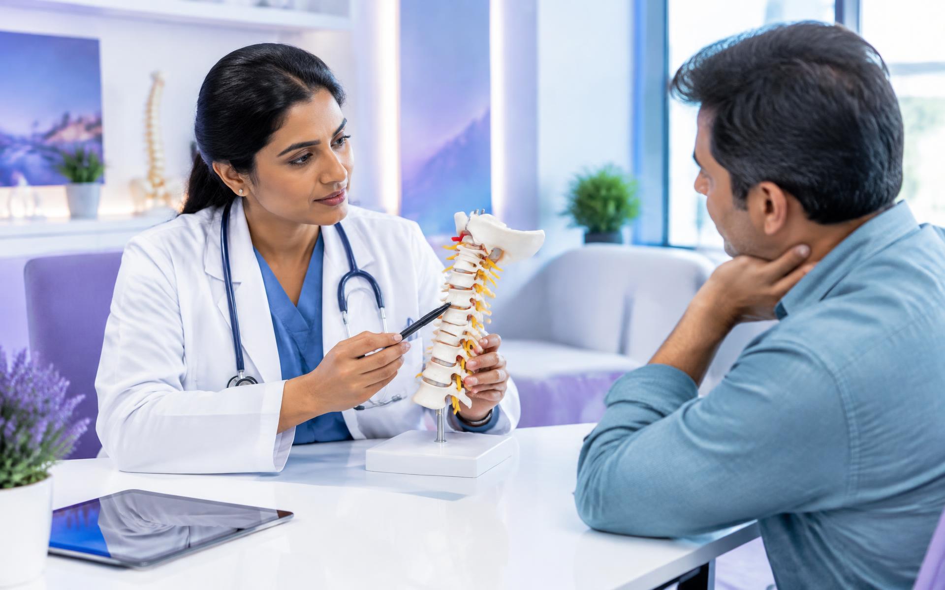 Doctor explaining cervical spine anatomy to a patient with neck pain
