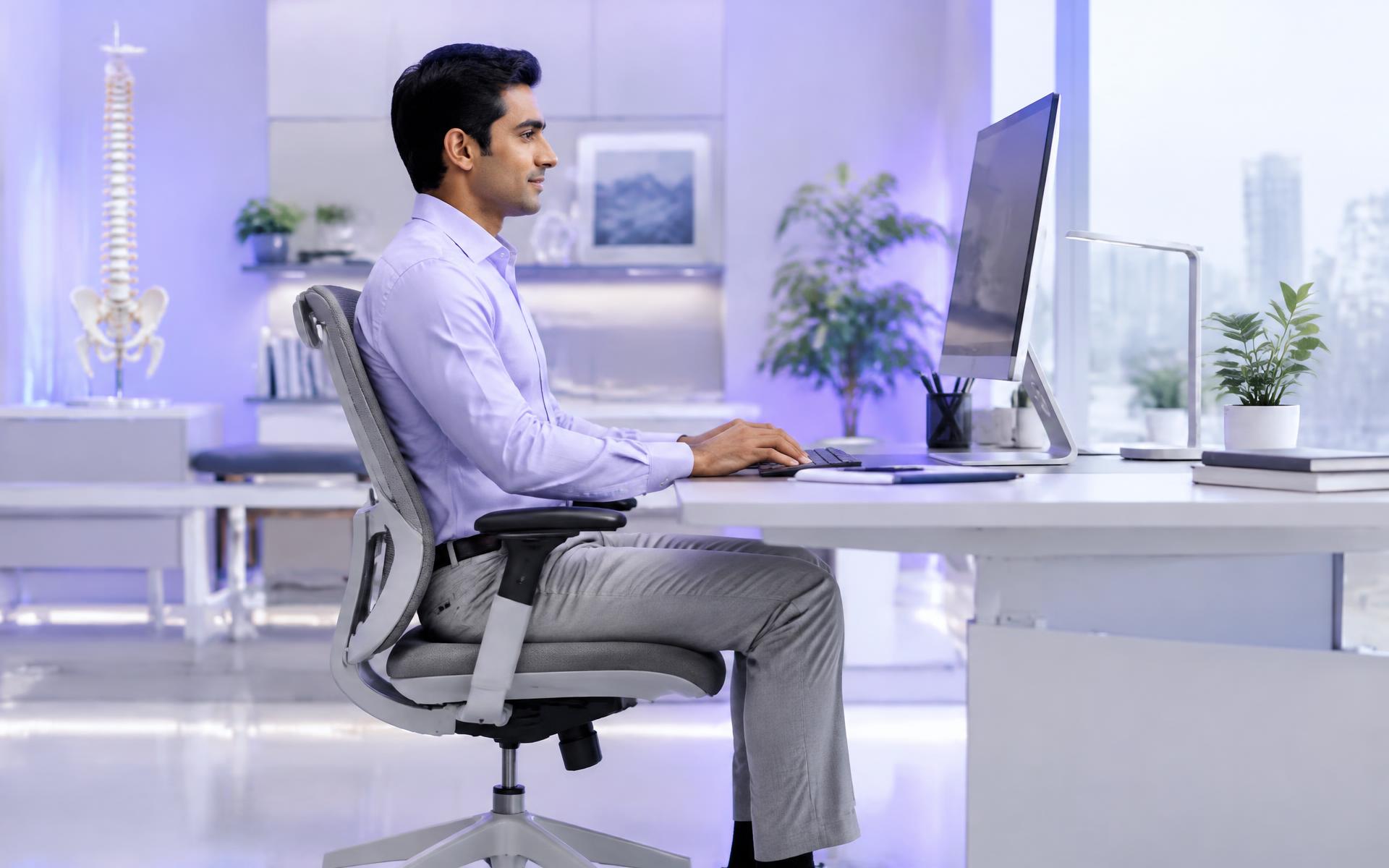 Office worker using an ergonomic chair with upright posture