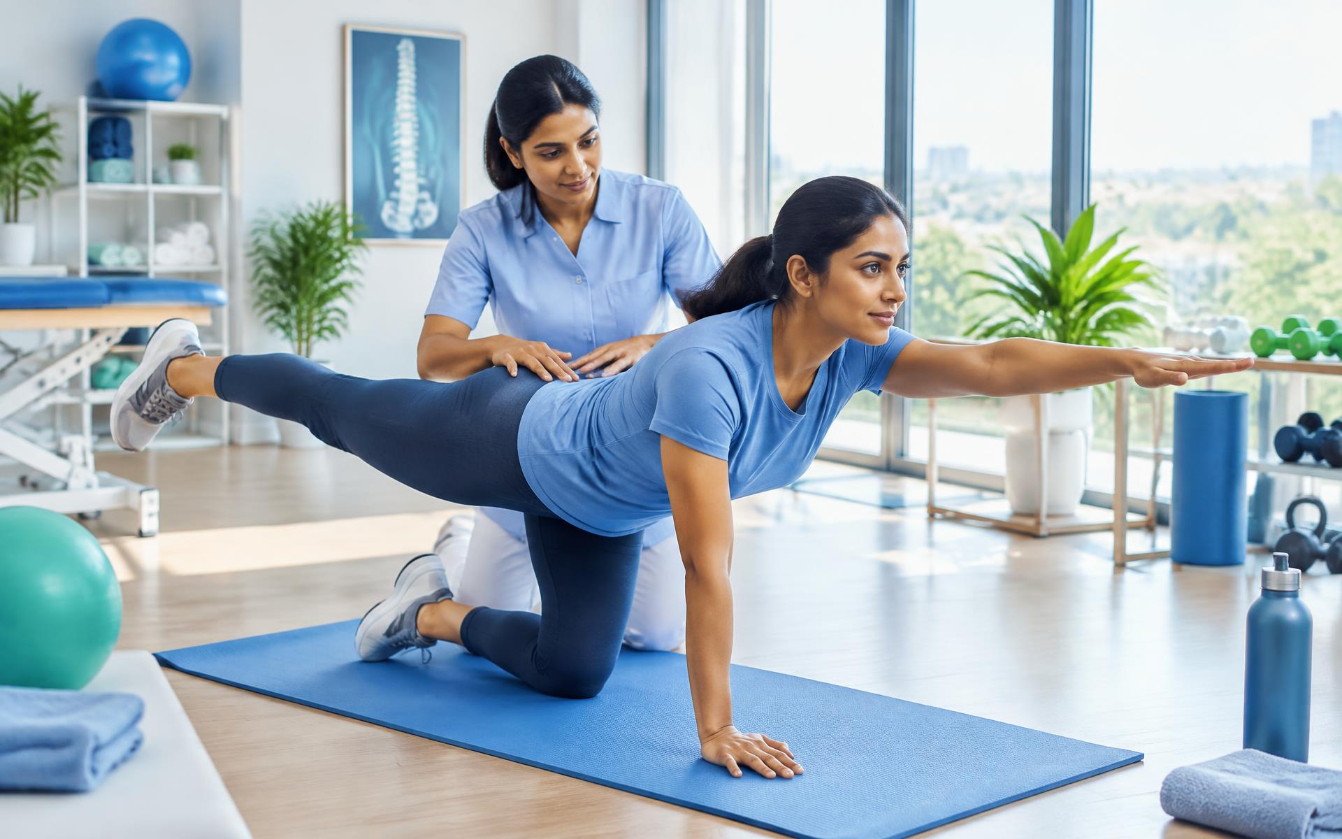 Physiotherapist guiding a patient through a spine rehabilitation exercise